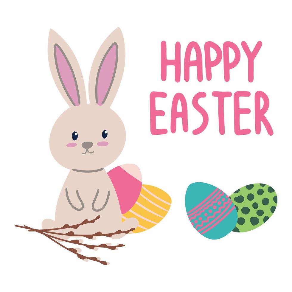 Happy Easter card, cute card with a bunny and a basket of painted eggs. holiday gift card vector