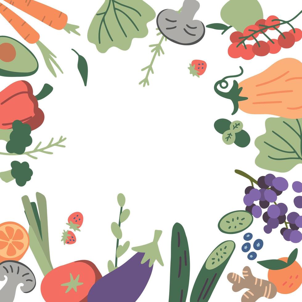 vector ilustración Fresco orgánico primavera verano frutas marco. diseño en blanco antecedentes. vegetariano menú, vegetales mercado volantes