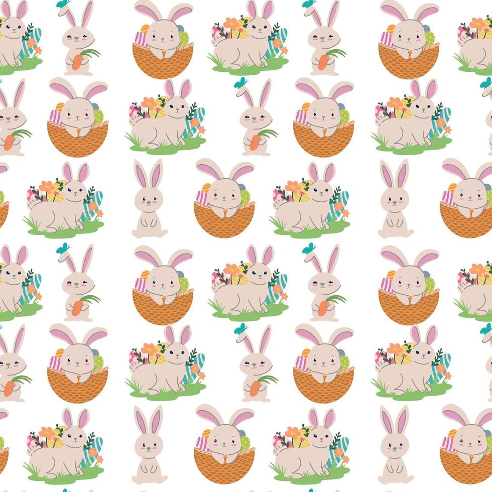 Colorful seamless pattern with spring easter concept. Easter watercolor pattern with easter rabbits and eggs isolated on white background. Srock illustration vector