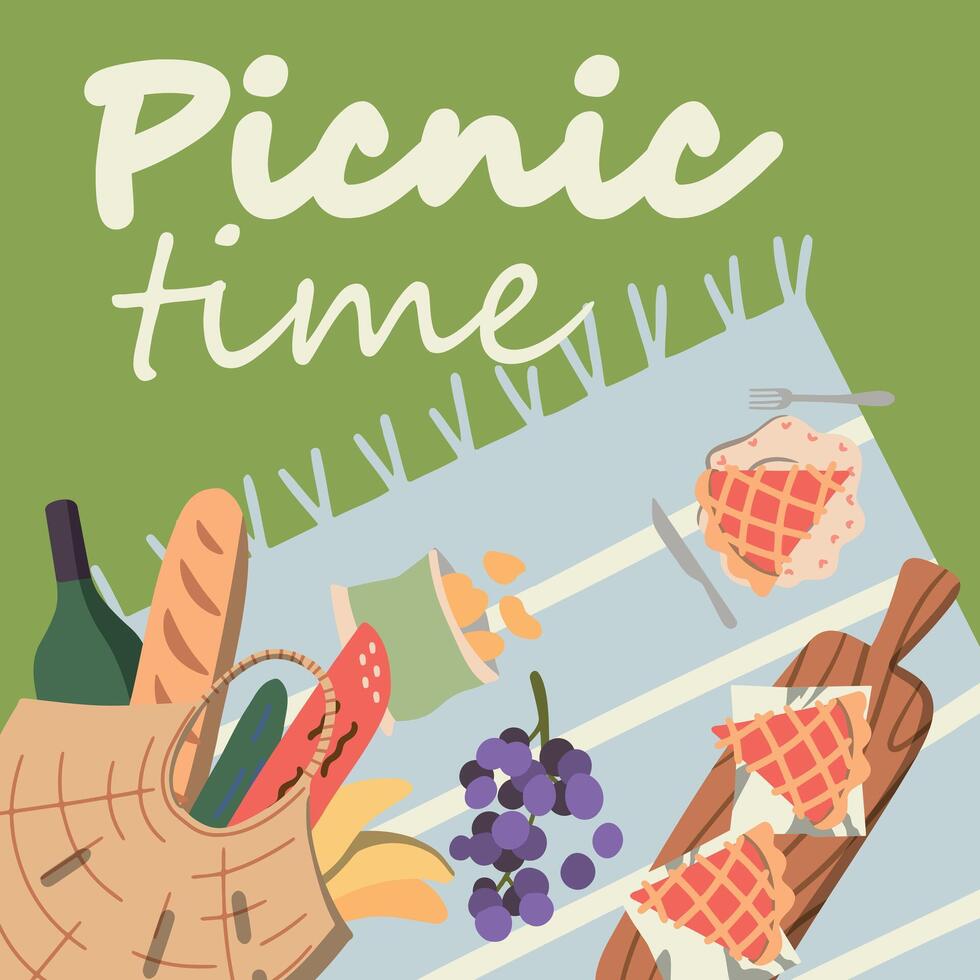 picnic en el parque. cesta de delicioso comida frutas, verduras, empanadas, bollos tarjetas antecedentes espacio para texto. ver desde arriba. plano diseño estilo. vector ilustración