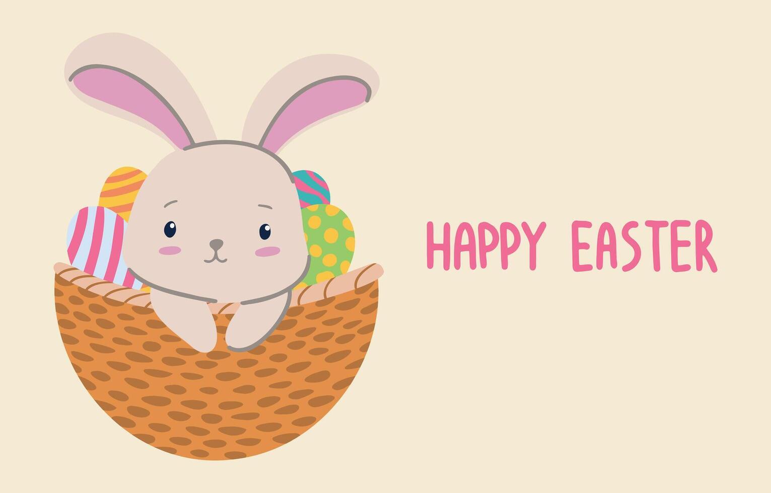Easter bunny in basket postcard. Easter greeting card vector