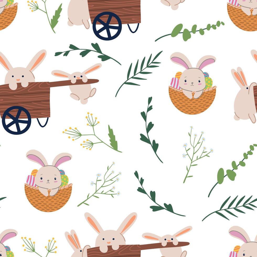 Lovely hand drawn Easter seamless pattern, doodle bunnies, eggs and flowers, great for banners, wallpapers, wrapping, textiles - vector design