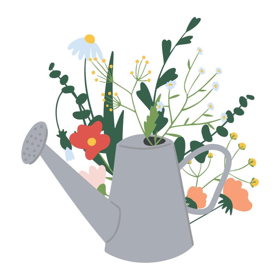 vector ilustración con un hermosa ramo de flores en el riego lata y linda pequeño pájaro. verano tarjeta Clásico jardinería antecedentes con de madera textura.