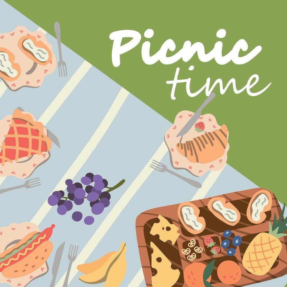 Cartoon Summer Picnic in Park Basket Card Background Place for Your Text Top View. Flat Design Style. Vector illustration