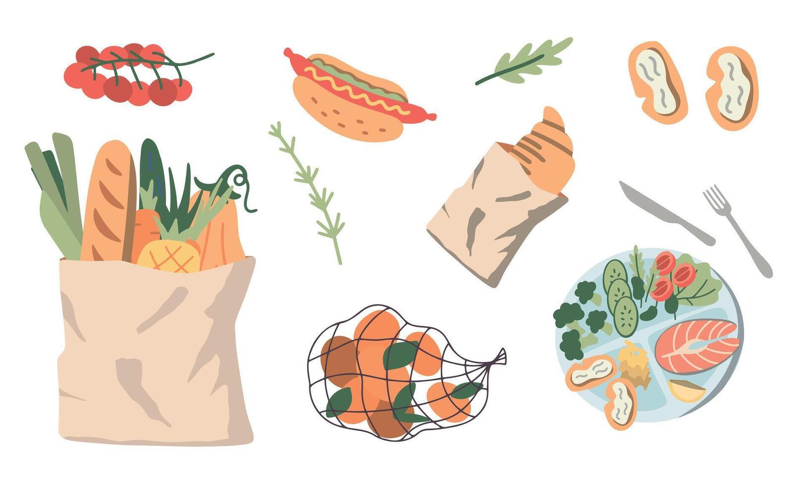 Grocery food basket collection. Eco shopping bags and baskets with food. Vector supermarket illustration