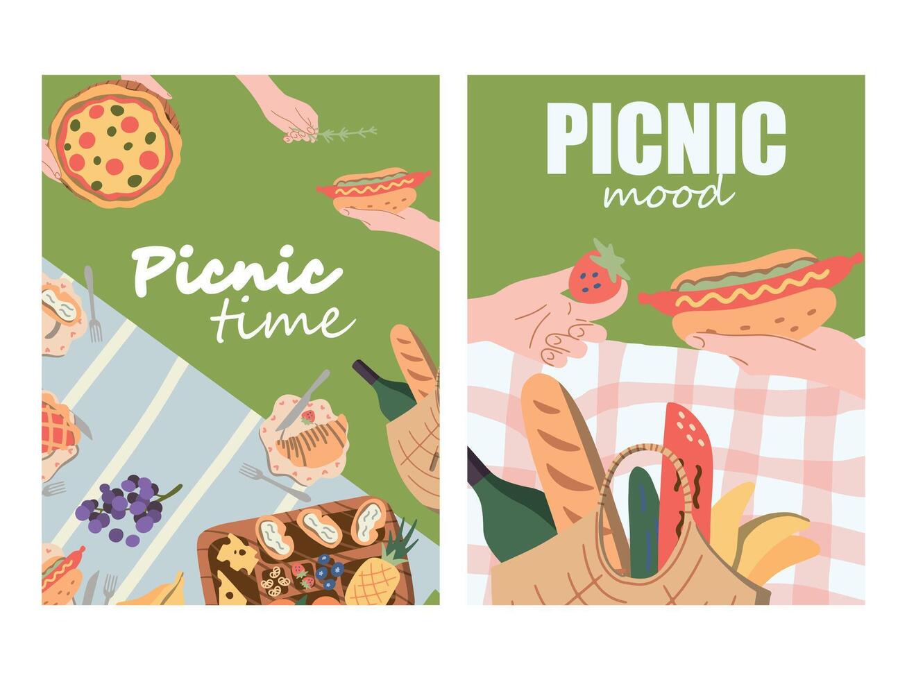 two posters Picnic in the park. Basket of delicious food fruits, vegetables, pies, buns, pizza. Cards. Background space for text. View from above. Flat design style. Vector illustration