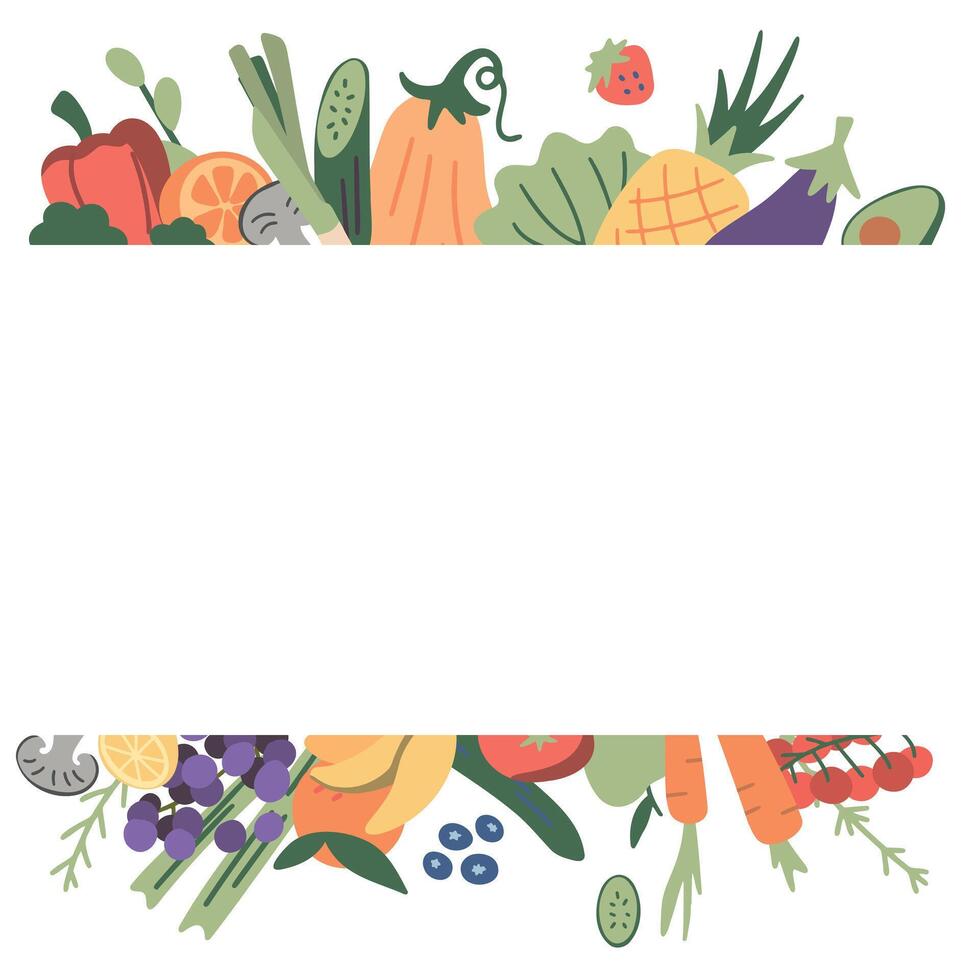 vector ilustración Fresco orgánico primavera verano frutas marco. diseño en blanco antecedentes. vegetariano menú, vegetales mercado volantes