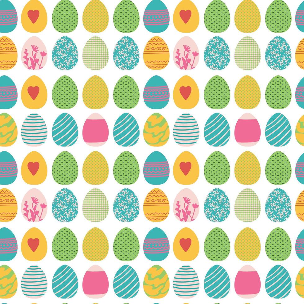 Vector colored easter eggs seamless pattern for Easter holidays on white background. Patterns, flowers, lines, dots, stars. Vector illustration. EPS 10
