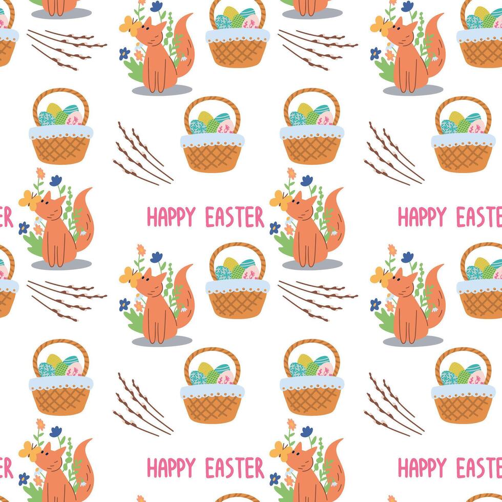 Seamless pattern with cute cartoon fox. Funny fox. Hand drawn characters and flowers. Vector illustration.