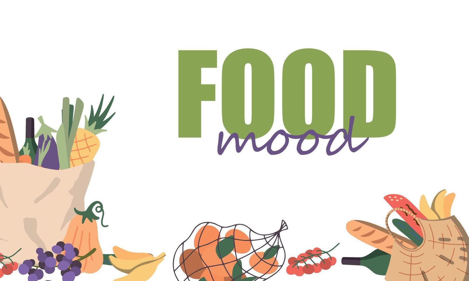 frame for text. Vector illustration in cartoon style of a paper bag full of natural organic vegetables and fruits and other products