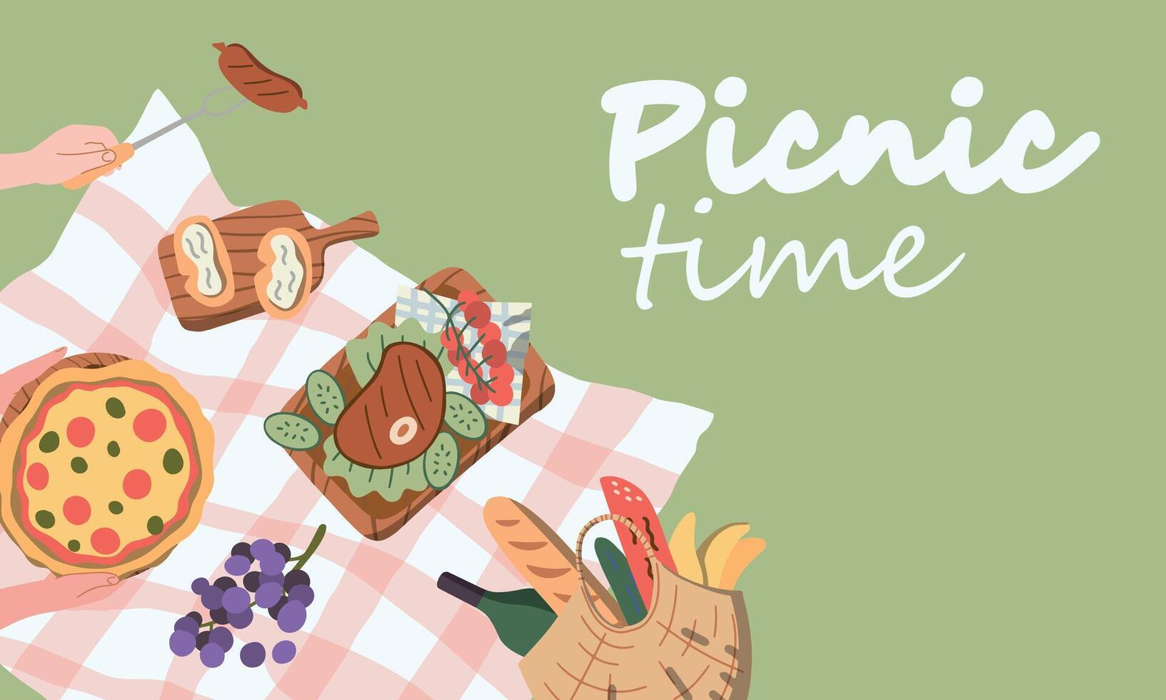 Picnic in the park. Basket of delicious food fruits, vegetables, pies, buns, pizza. Cards. Background space for text. View from above. Flat design style. Vector illustration