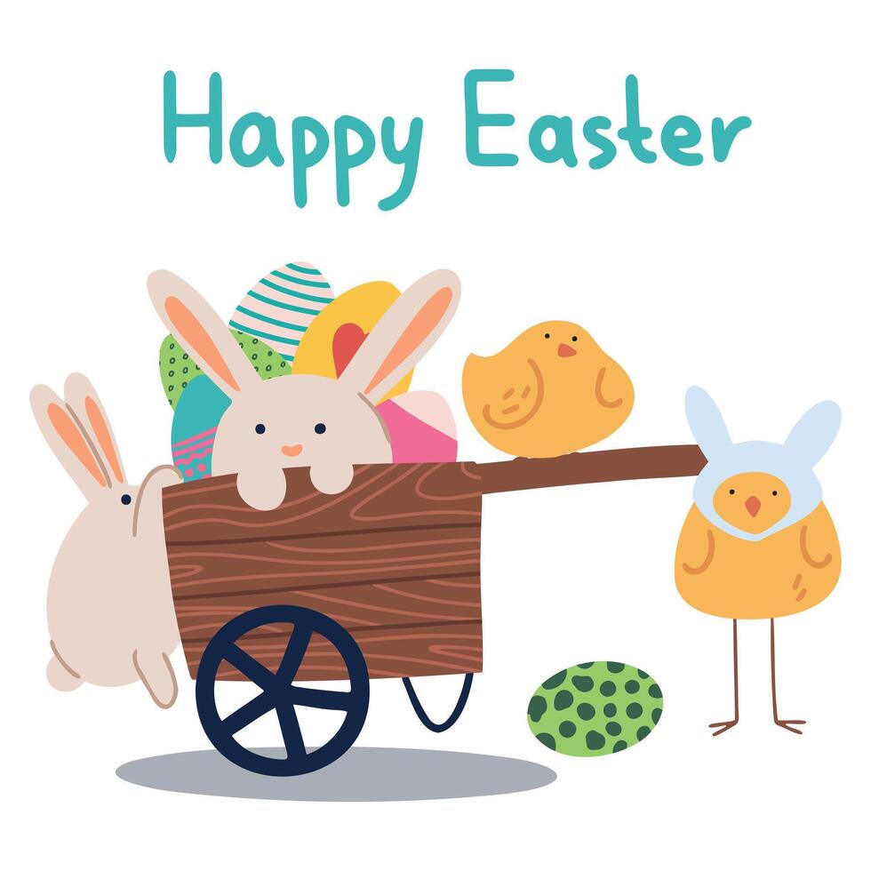 Happy Easter card, cute funny card with a cart with eggs, bunnies and cute birds. holiday gift card vector