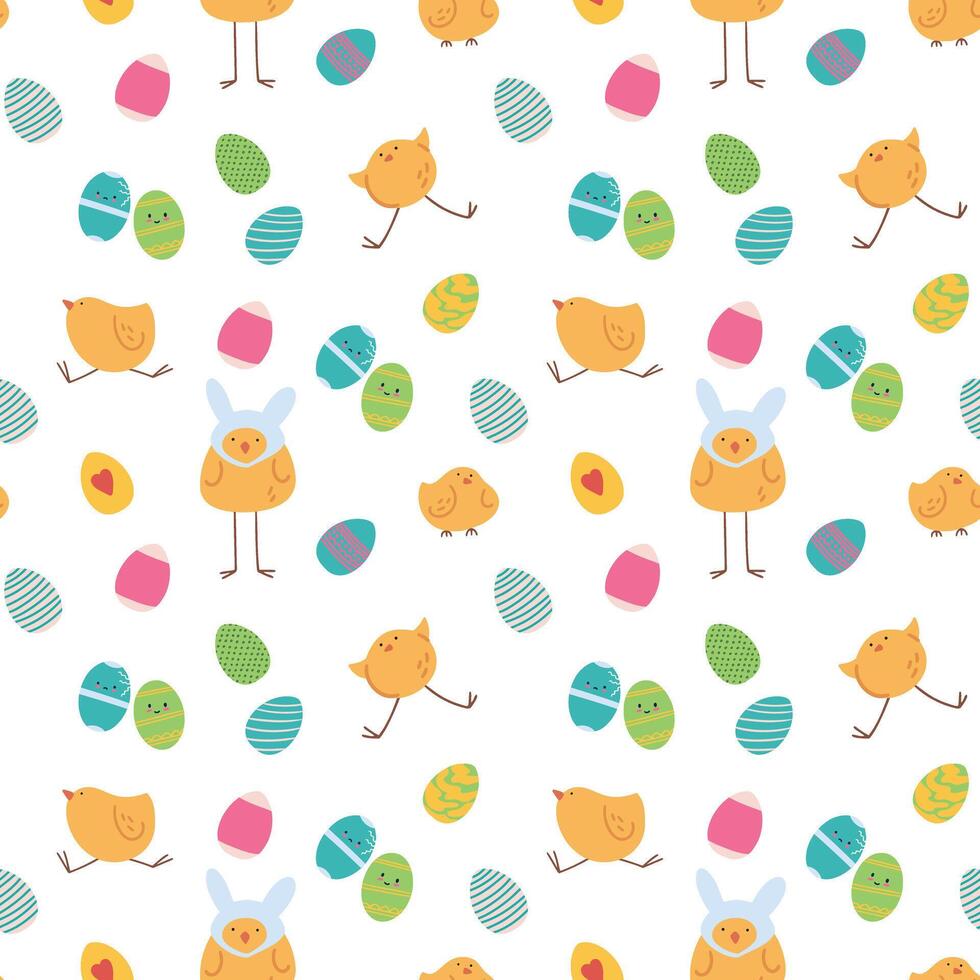 Seamless easter pattern background with chicks in eggs graphic holiday design cartoon chicken bird vector illustration