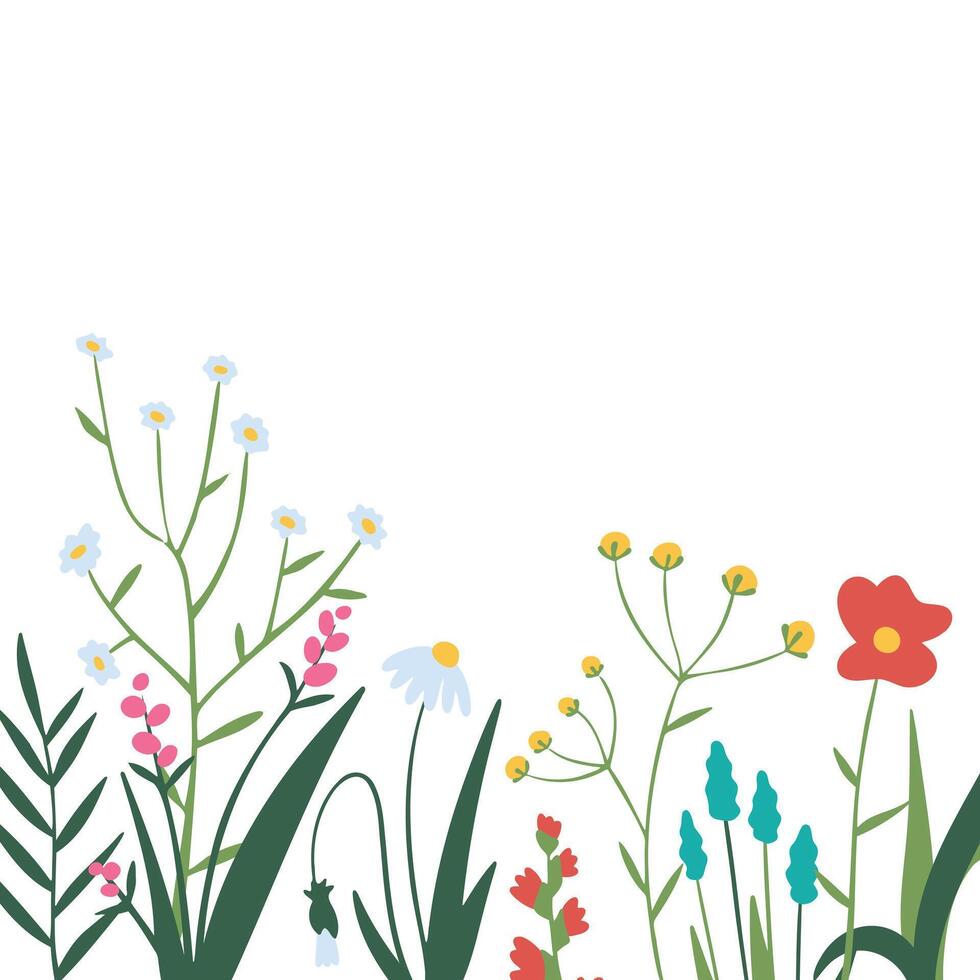 póster con flores silvestres, hierbas en botánico estilo aislado en blanco. bandera modelo con floral elementos y sitio para texto. verano ramo de flores para tarjetas, saludos, invitación. vector ilustración