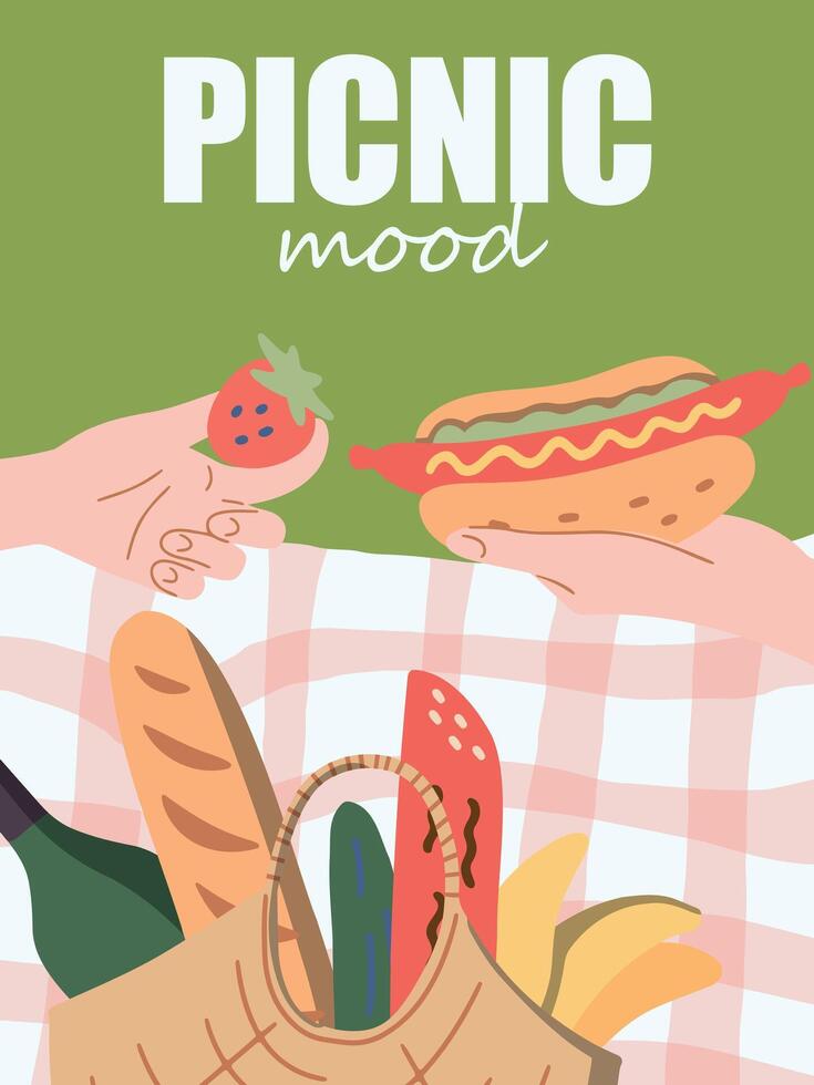 Picnic in the park. Basket of delicious food fruits, vegetables, pies, buns. Cards. Background space for text. View from above. Flat design style. Vector illustration