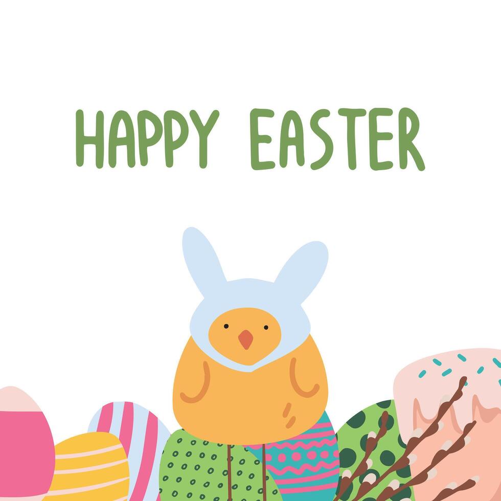 flat card for Easter in pastel colors. Cute chicken with Easter eggs and Easter cake vector