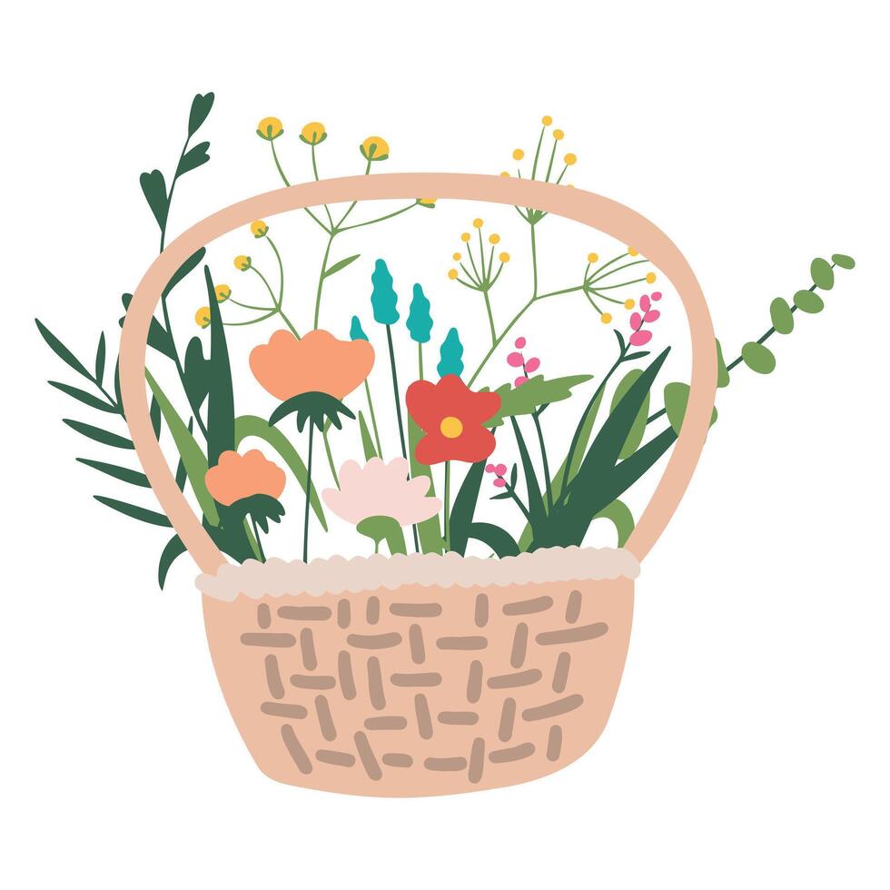 cesta con flores hojas. vector ilustración en un plano estilo aislado en blanco antecedentes