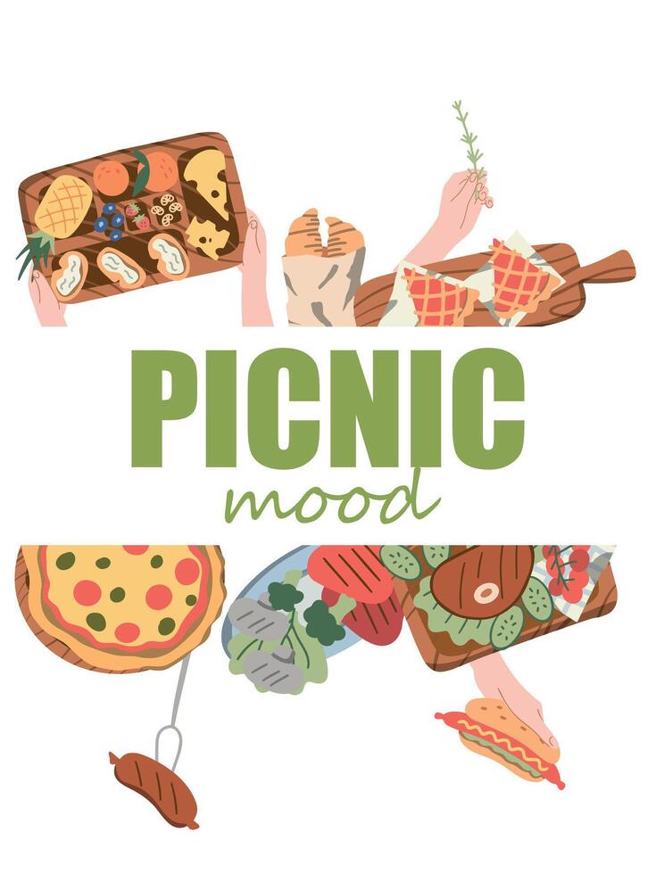 picnic banner with top view of grill, barbecue and grilled food set, vector illustration.