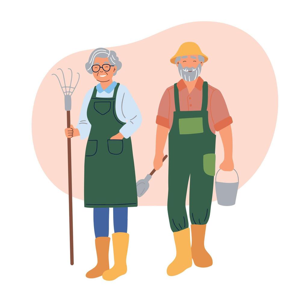 Older people life style vector flat illustration gardening and pleasure enjoyment. Grandpa and Granny in the garden. White isolated background