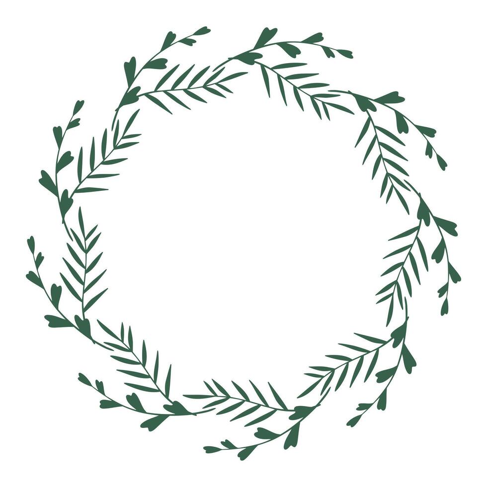 Laurel or wreath made of wild flowers, twigs and herbs. Round floral frame great to place any text, quote or logo. Rustic design great for summer or spring event. Vector illustration isolated.