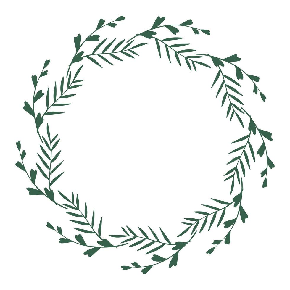 Laurel or wreath made of wild flowers, twigs and herbs. Round floral frame great to place any text, quote or logo. Rustic design great for summer or spring event. Vector illustration isolated.