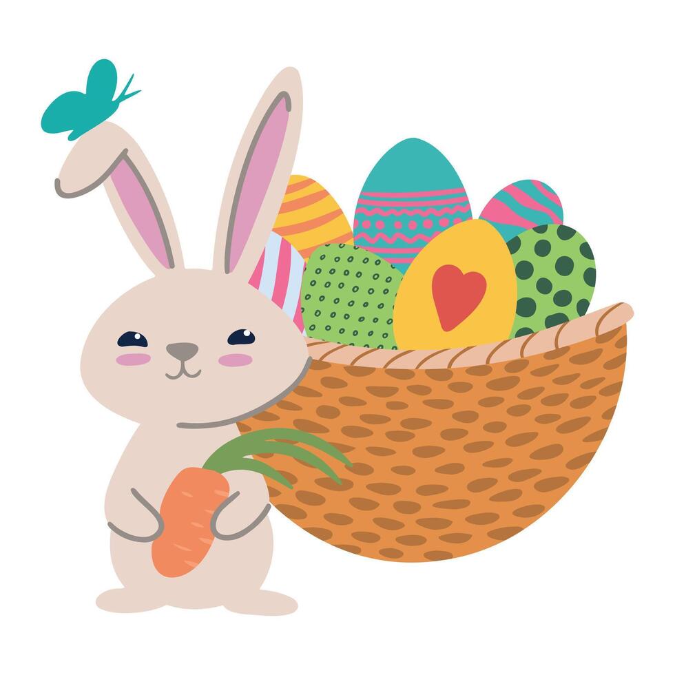 linda Pascua de Resurrección conejito participación un Zanahoria en pie siguiente a un cesta con vistoso huevos Pascua de Resurrección ilustración vector
