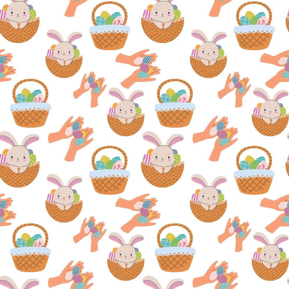 Seamless spring pattern with easter eggs and rabbits vector