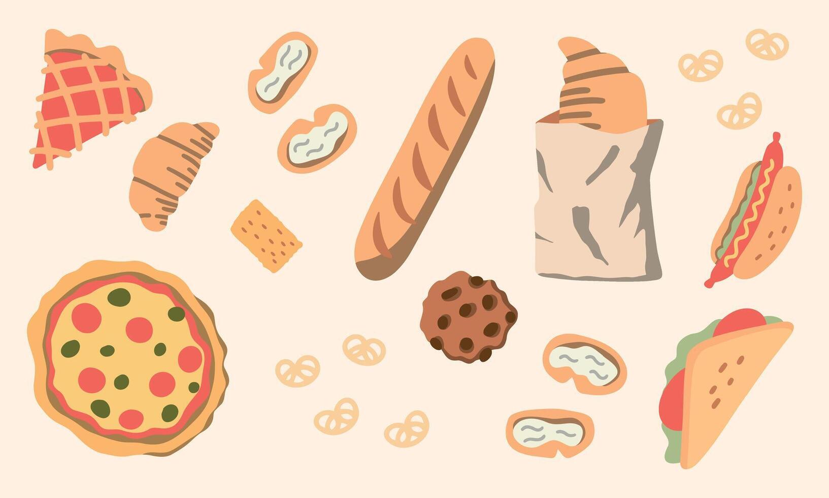 Cartoon bakery products, bread loaf, buns and pastry. Baguette, muffins, pancakes, whole wheat bread, homemade delicious pastries vector set. Hot baked assortment for nutrient snack