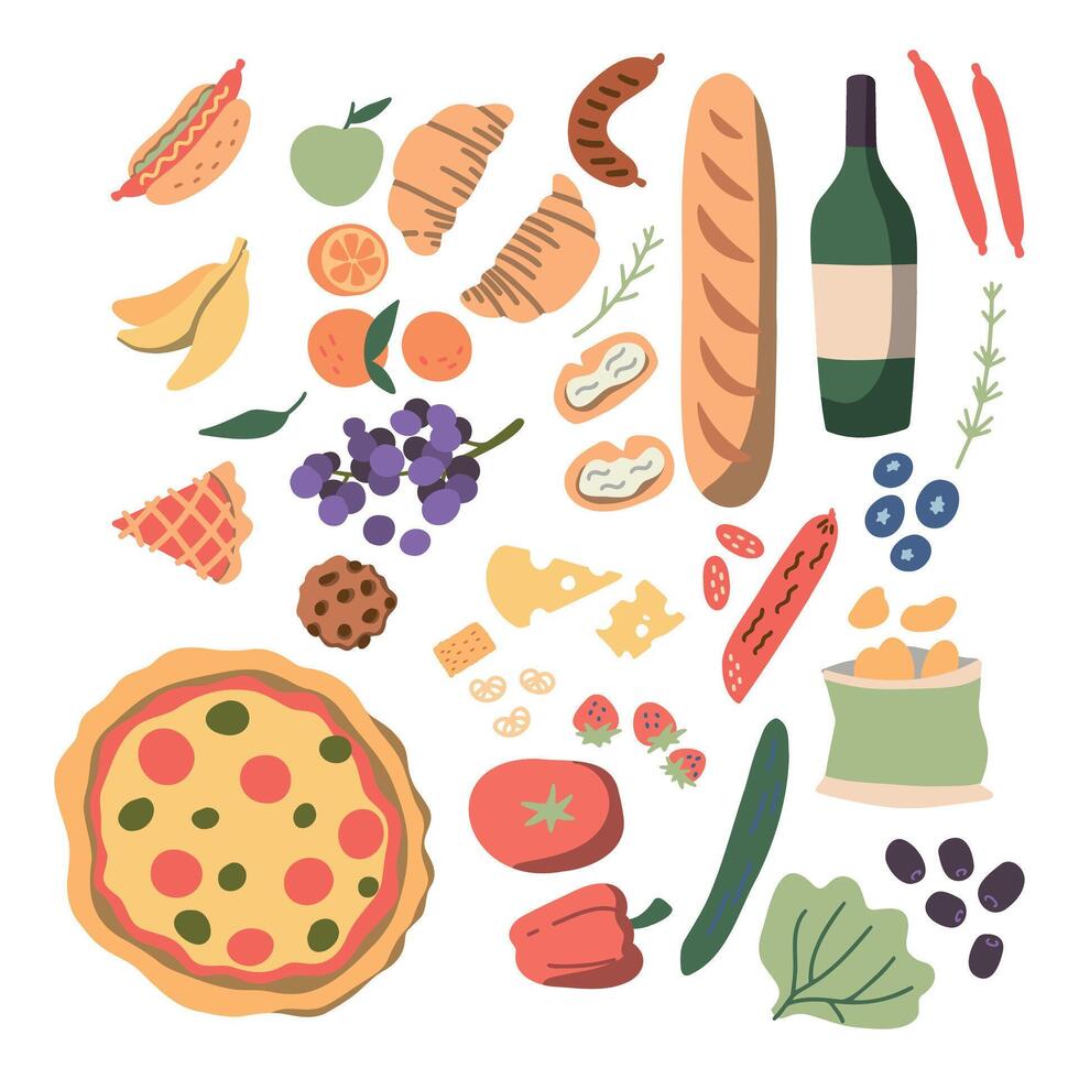 Picnic food hand drawn compositions, collection of food and drinks sets for outside meal, vector illustrations of wine, bread, fruits, lemonade to eat outdoors, romantic breakfast for summer vacation