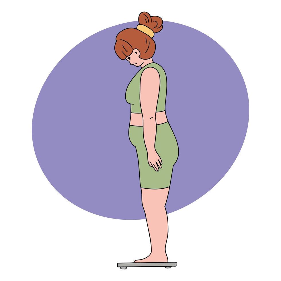 Cartoon vector illustration of Feet on scale. Weight loss and diet concept. Woman weighing herself. Measures her waist. Lady dieting.