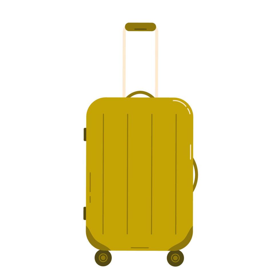 Travel plastic suitcase with wheels on white background flat vector illustration
