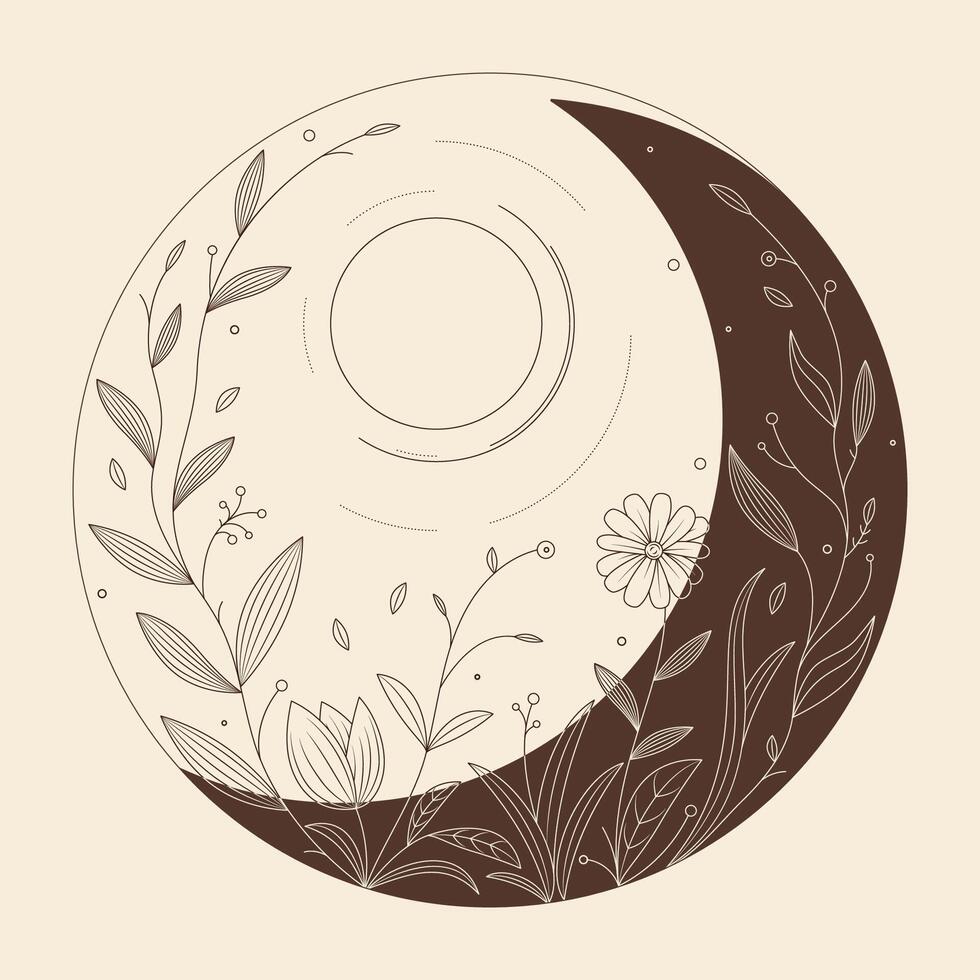 Flowers and leaves, sun and moon in mono line style art for badges, emblems, patches, t-shirts. Vector illustration