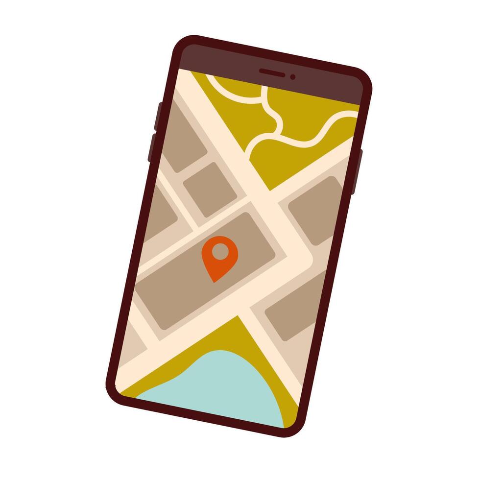 Smartphone with map and red pinpoint on screen, isolated on white background. Flat vector illustration