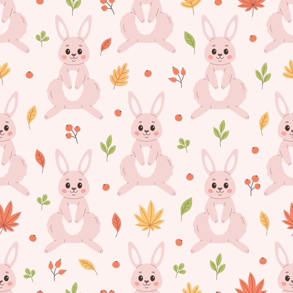 Cute white rabbit seamless pattern. Print for textiles, wallpaper, wrapping paper. Woodland animal, autumn seamless pattern vector