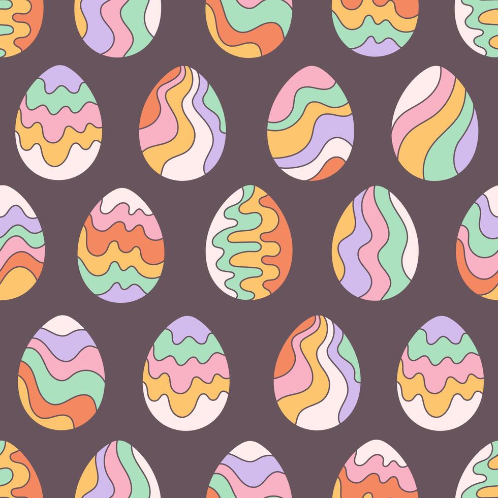 Seamless pattern with Easter eggs in retro style. Groovy style, vintage. Happy Easter vector