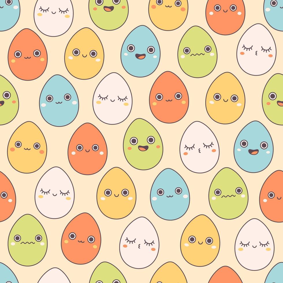 Seamless pattern with trendy retro cartoon Easter egg characters. Groovy style, vintage. Happy Easter. vector