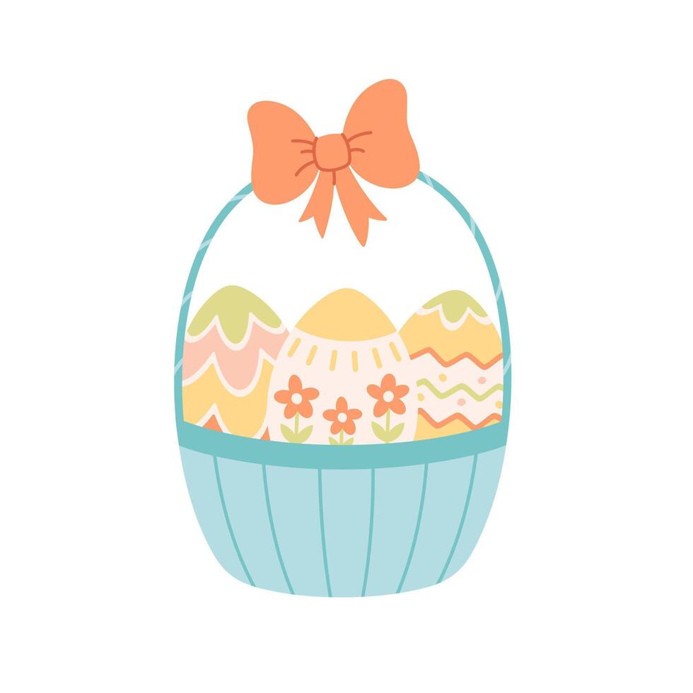 Basket with Easter eggs, flowers, bow. Happy Easter, spring time. vector