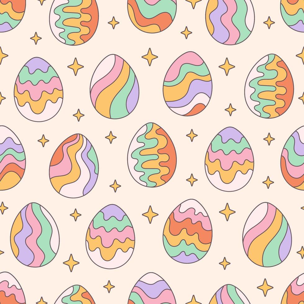 Seamless pattern with Easter eggs in retro style. Groovy style, vintage. Happy Easter vector