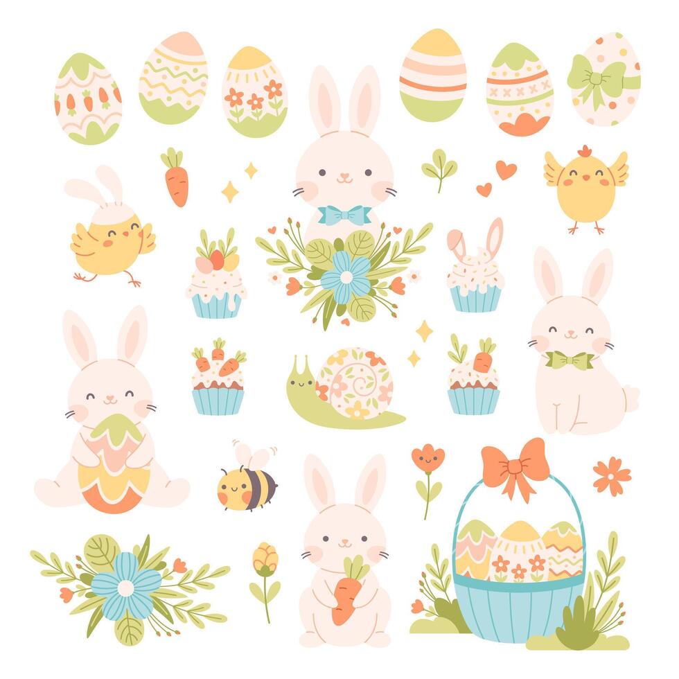 Easter set with painted eggs, rabbits, chickens, flowers, cupcakes. Easter and spring elements. vector