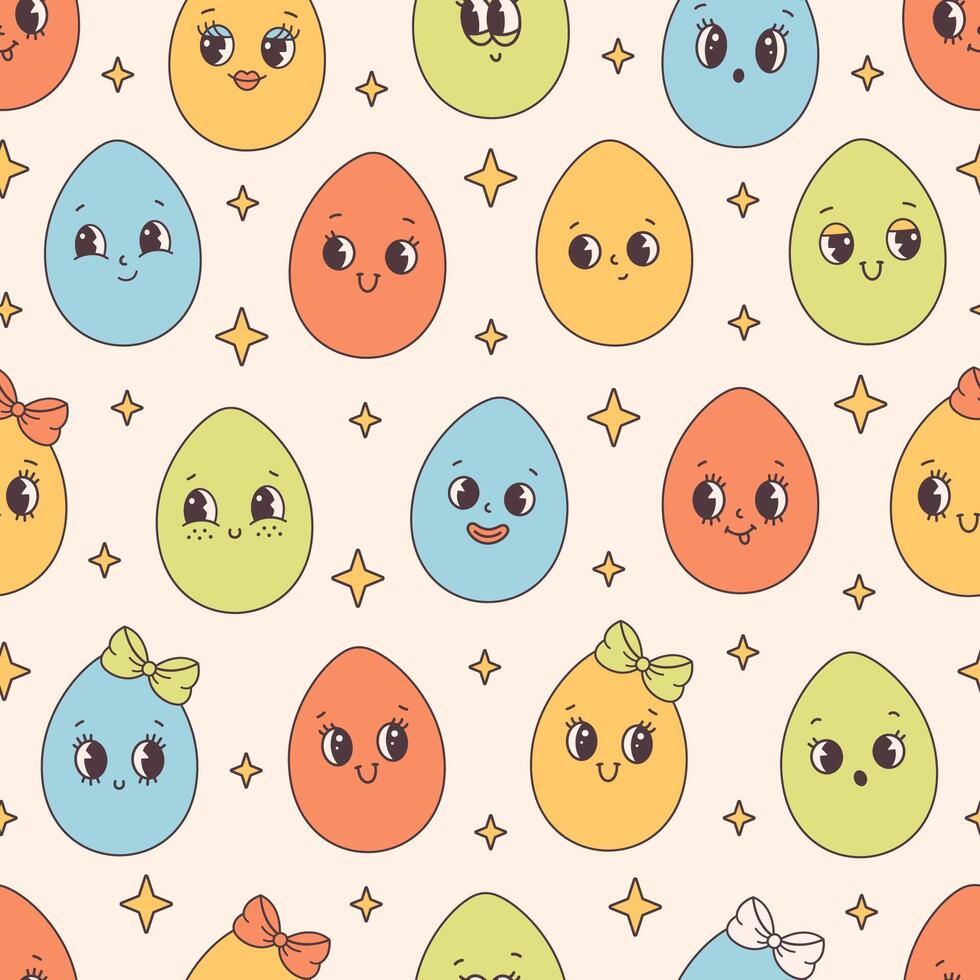 Seamless pattern with trendy retro cartoon Easter egg characters. Groovy style, vintage. Happy Easter. vector