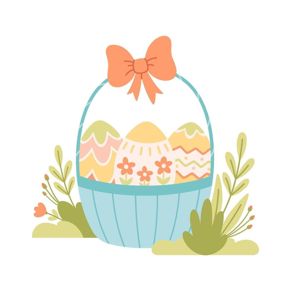 Basket with Easter eggs, flowers, bow. Happy Easter, spring time. vector