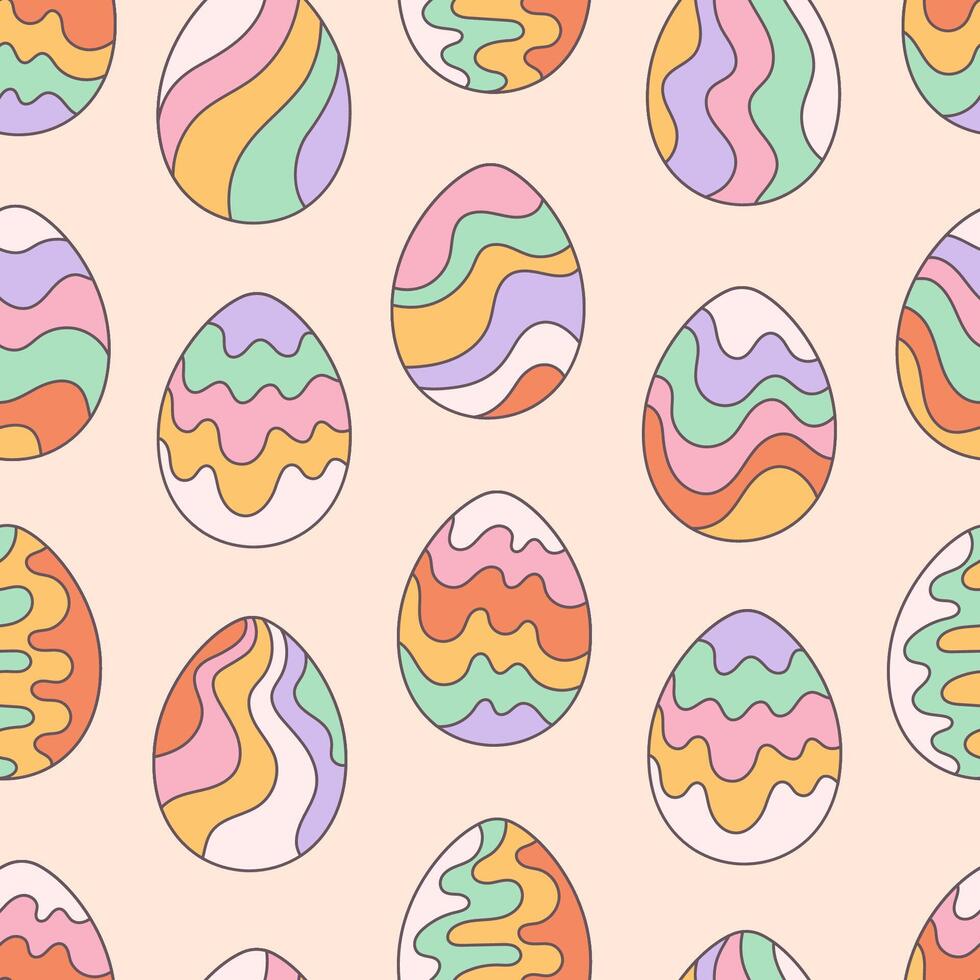 Seamless pattern with Easter eggs in retro style. Groovy style, vintage. Happy Easter vector