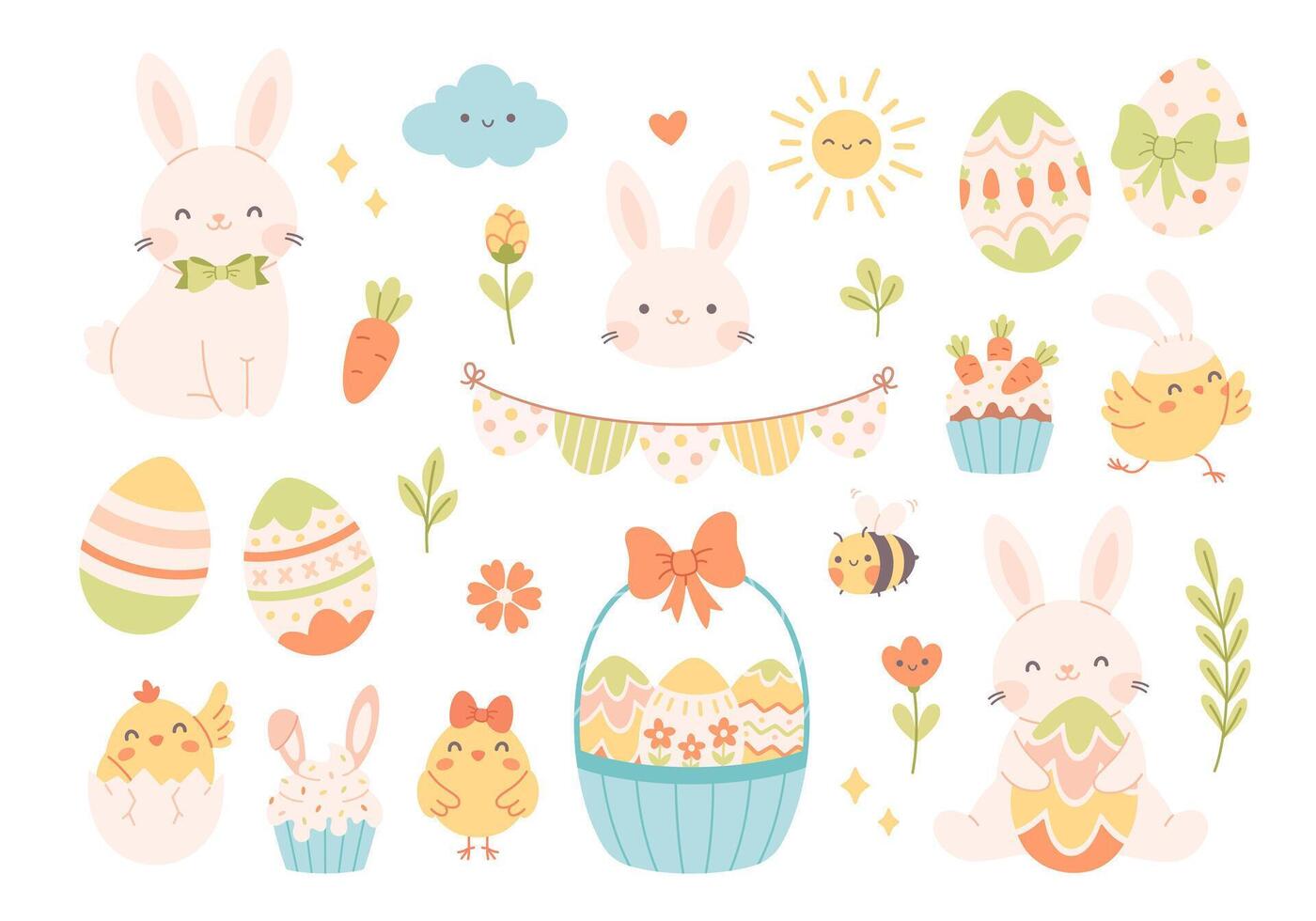 Easter set with painted eggs, rabbits, chickens, flowers, cupcakes. Easter and spring elements. vector