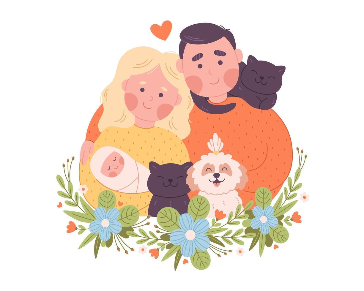 retrato de contento familia con niño, gatos y perro. mundo familia día vector
