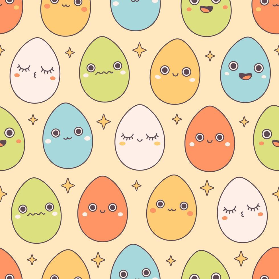 Seamless pattern with trendy retro cartoon Easter egg characters. Groovy style, vintage. Happy Easter. vector