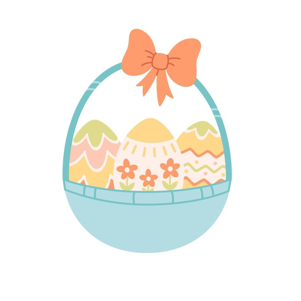 Basket with Easter eggs, flowers, bow. Happy Easter, spring time. vector