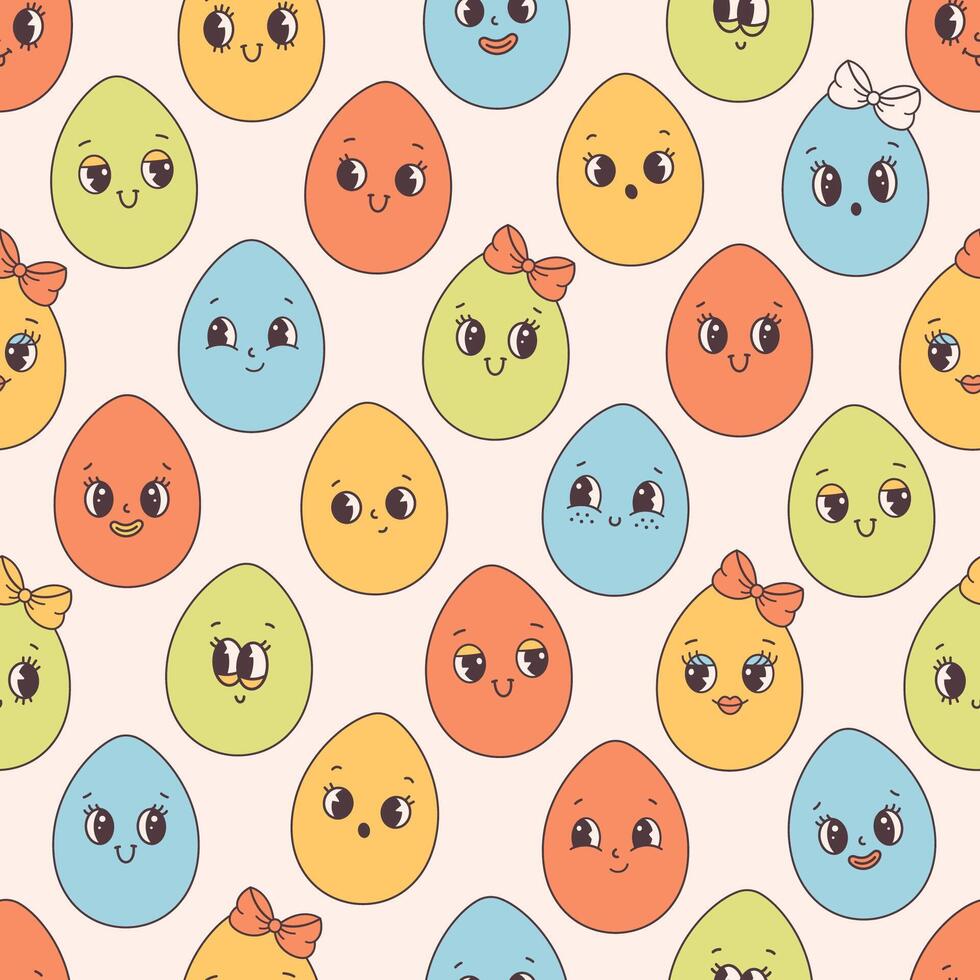 Seamless pattern with trendy retro cartoon Easter egg characters. Groovy style, vintage. Happy Easter. vector