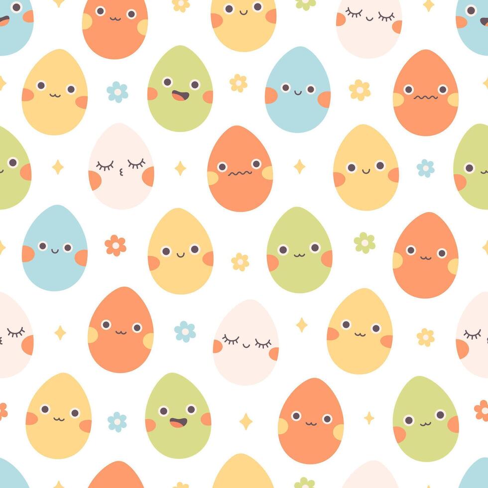 Seamless pattern with trendy retro cartoon Easter egg characters. Groovy style, vintage. Happy Easter. vector