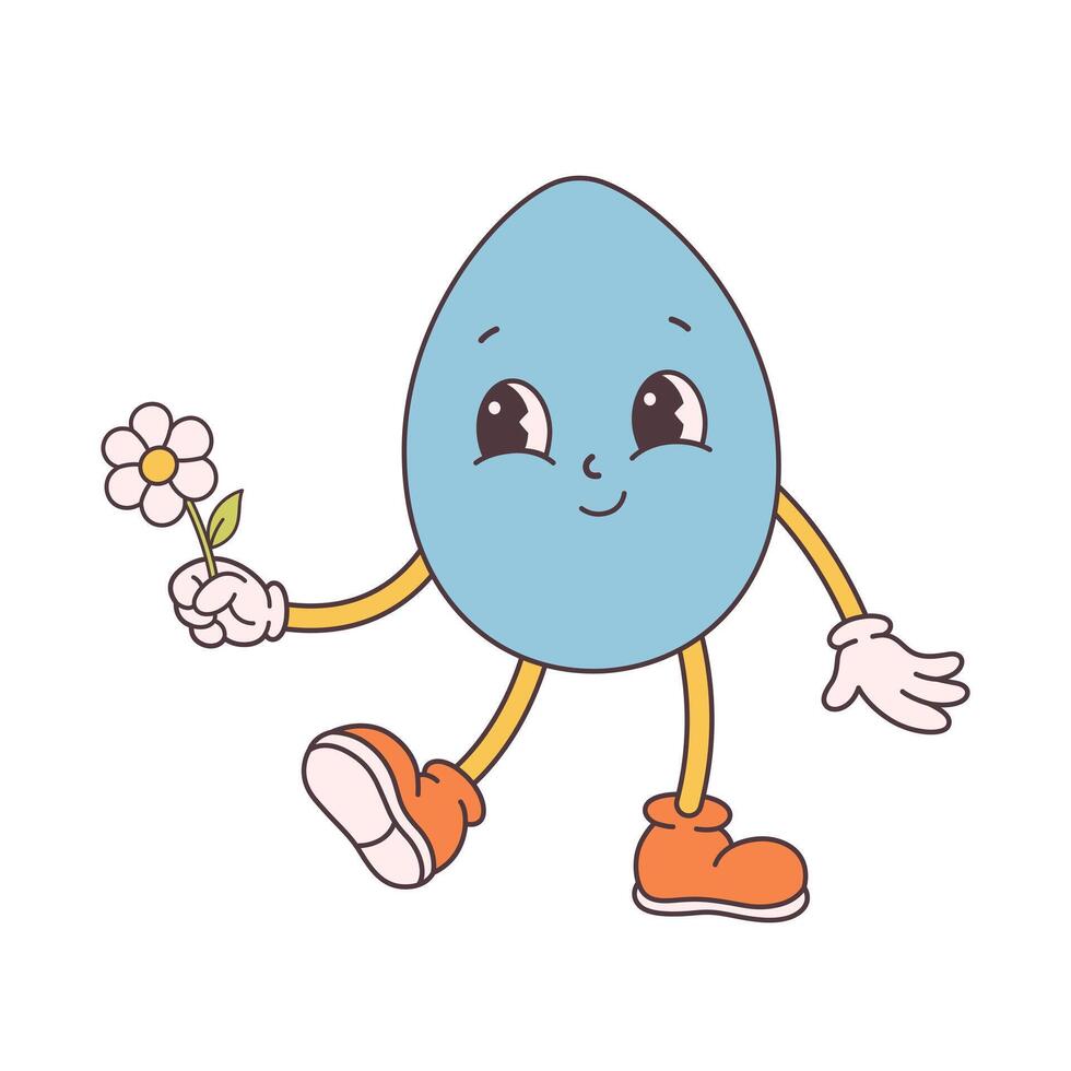 Trendy retro cartoon Easter egg character. Groovy style, vintage. Happy Easter. vector