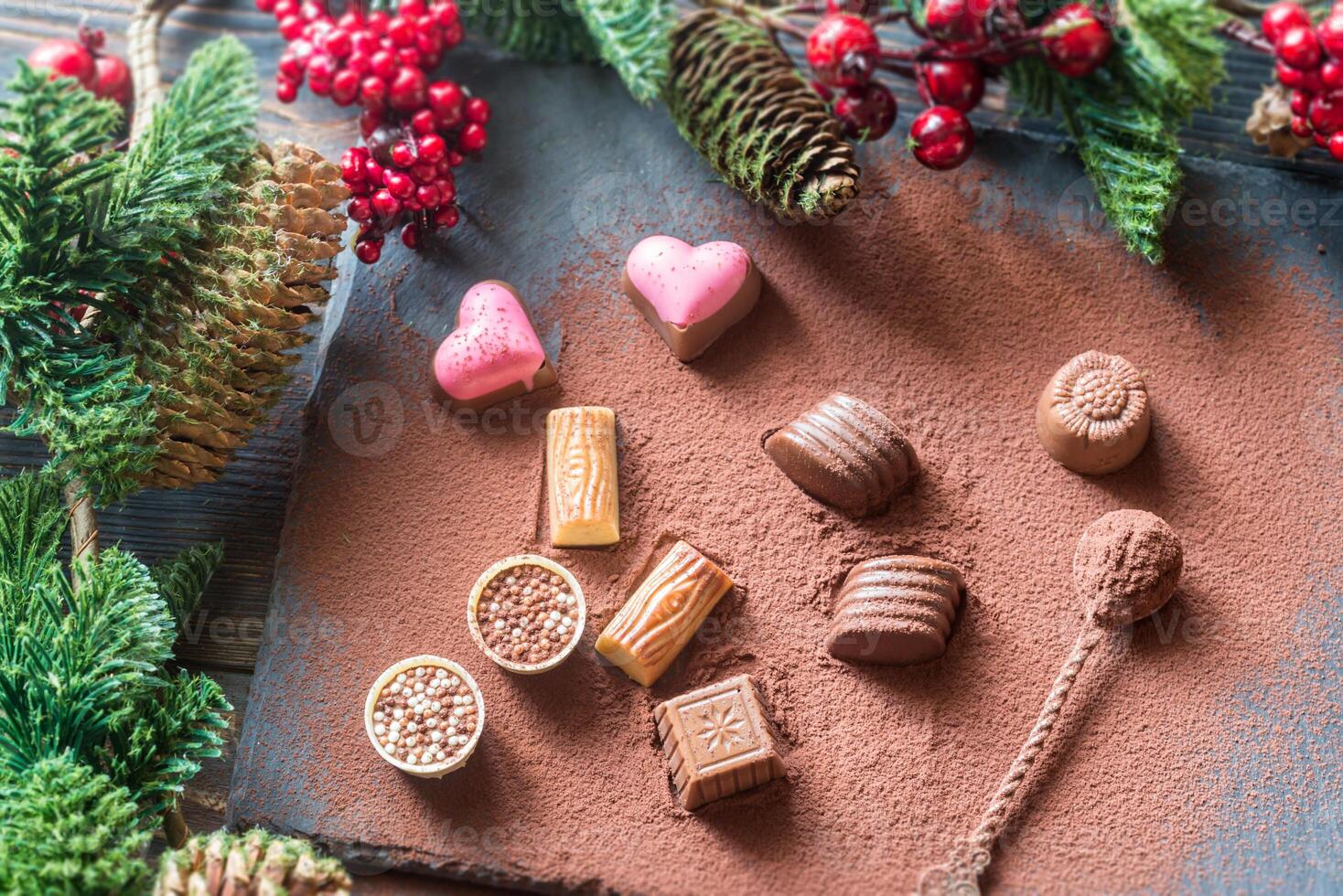 Chocolate candies with cocoa and Christmas tree branch photo